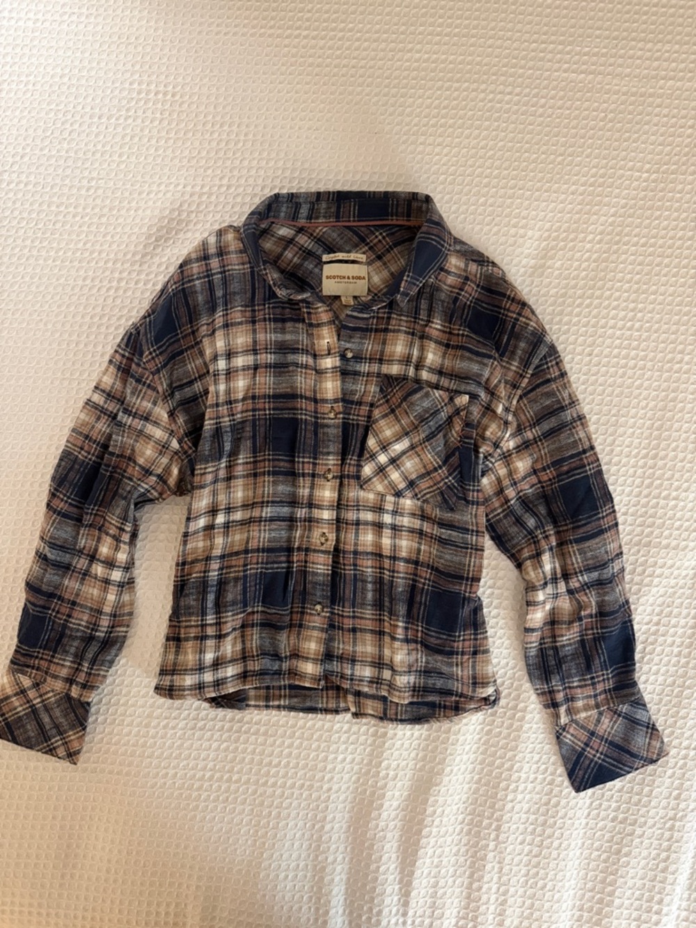 Scotch & Soda Navy, Cream & Tan Plaid Button-Down Shirt Women’s Large